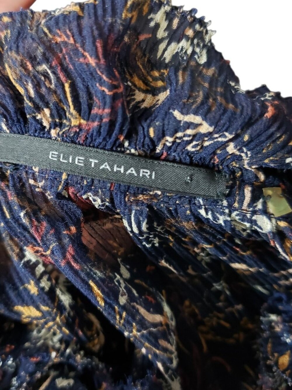 Elie Tahari Floral Sheer Silk Blouse With Ruffle Collar & Cuff Navy/Orange XSmal - Picture 5 of 16